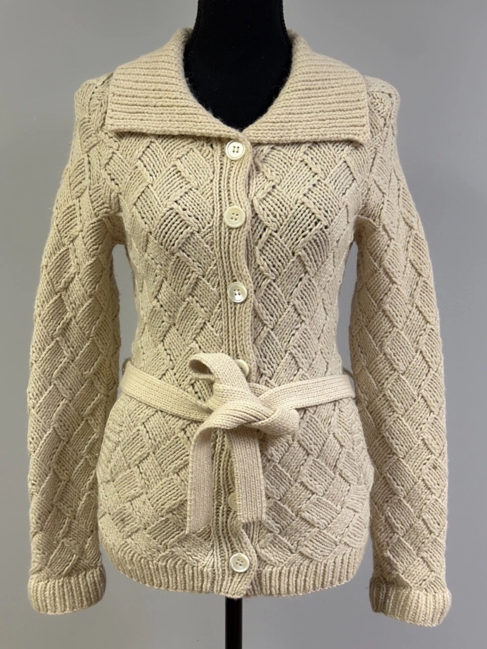 VTG EXPRESS Hand Knit Lambswool Alpaca Belted Cardigan Women’s Sweater Size S